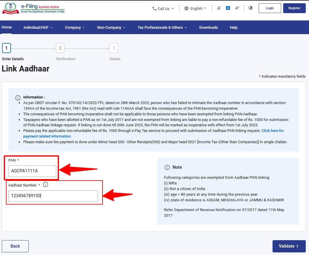Enter Pan and Aadhaar Number